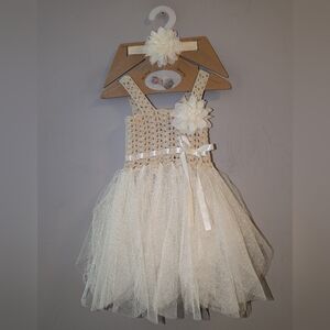 🆕 Elegant Cream Tulle Dress Tutu Flower Accent Headband Set Baby Photo Prop 0-6